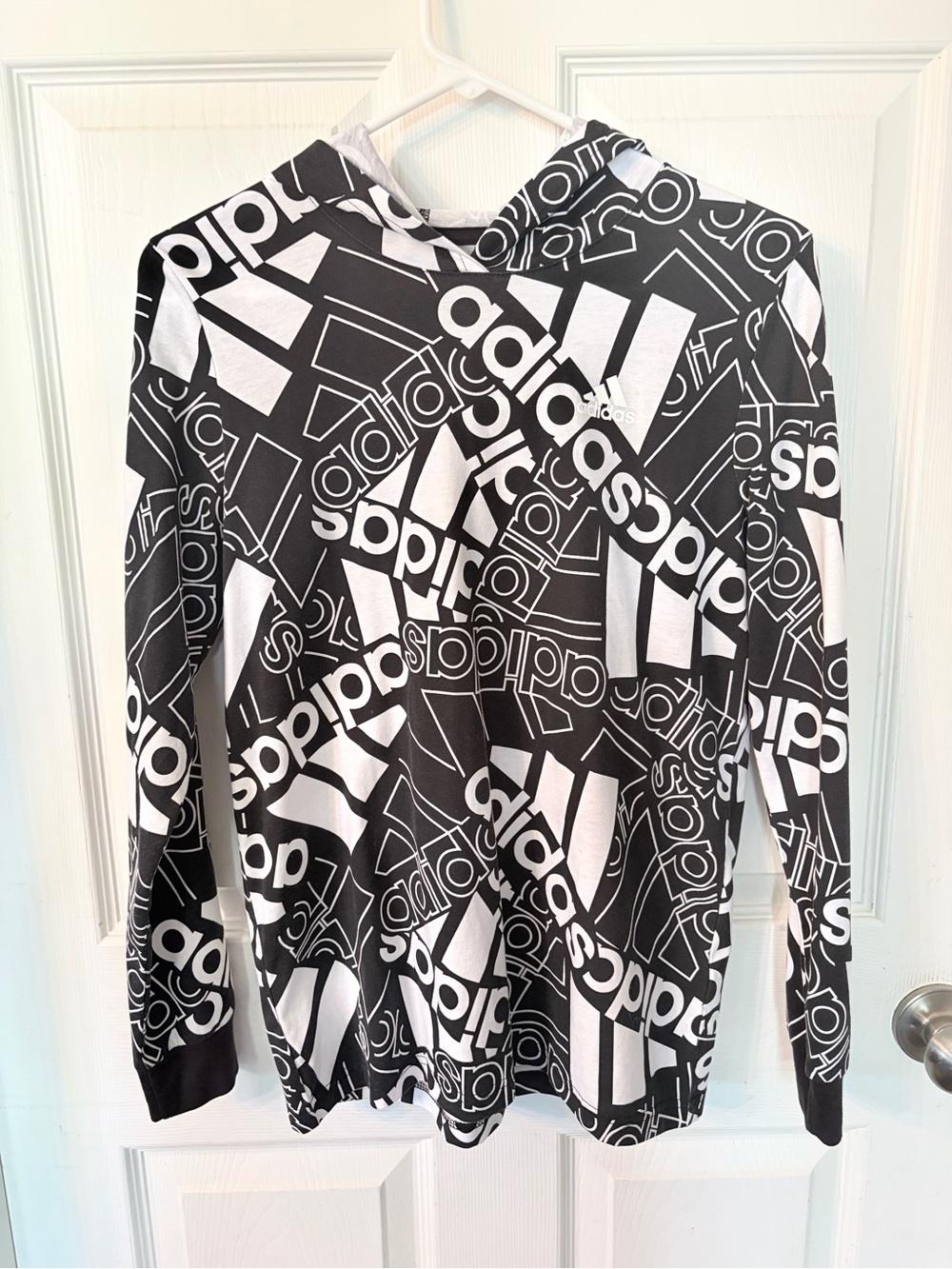 NWOT Adidas Black long sleeve tee with hood and all over logo boys Large